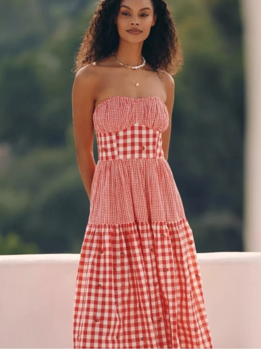 Celandine Strapless Red Gingham Strawberry Fields Maxi Dress